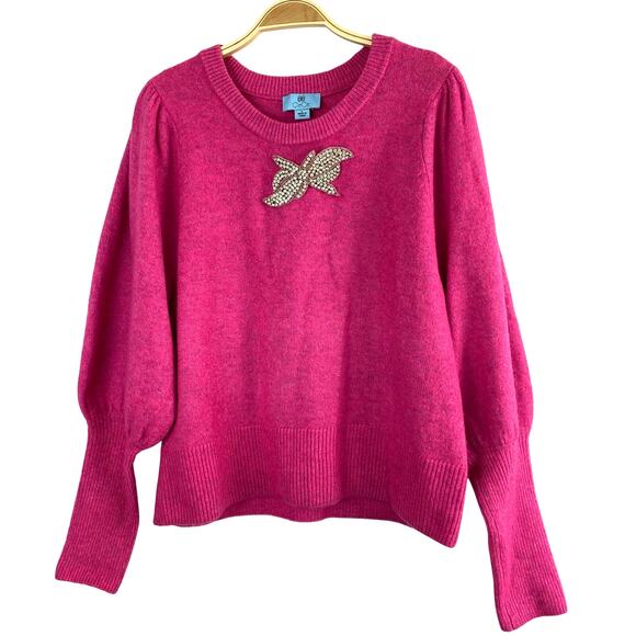 CeCe Rhinestone Bow Holiday Sweater Women L Hot Pink Balloon Sleeve Barbiecore - Picture 1 of 11